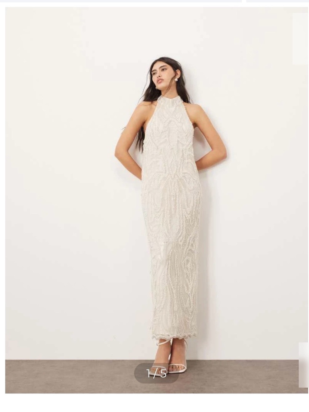 Arrange Natural Embellished Pearl Crystal Halter Column Maxi Dress